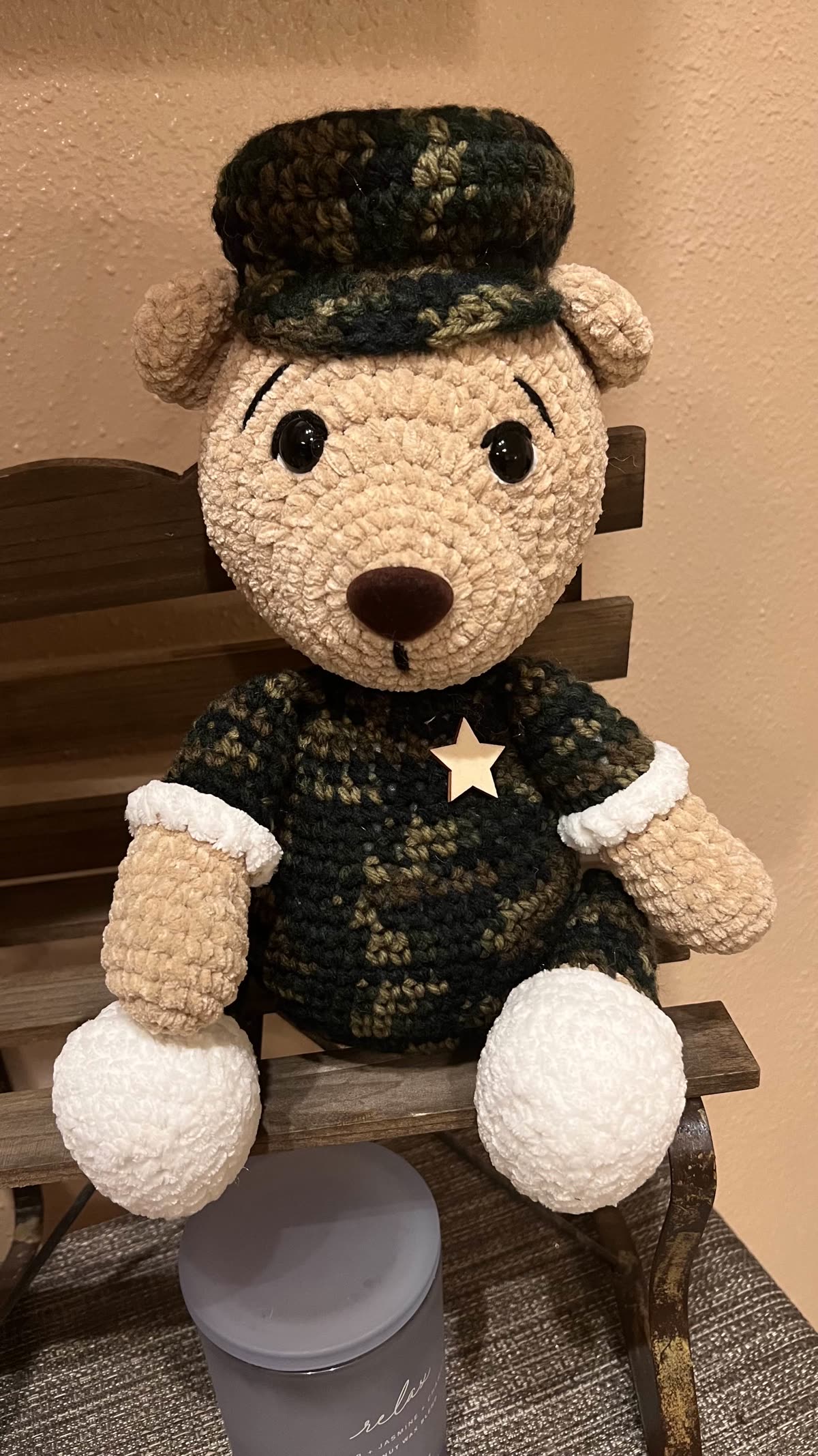Handmade crochet camo teddy bear