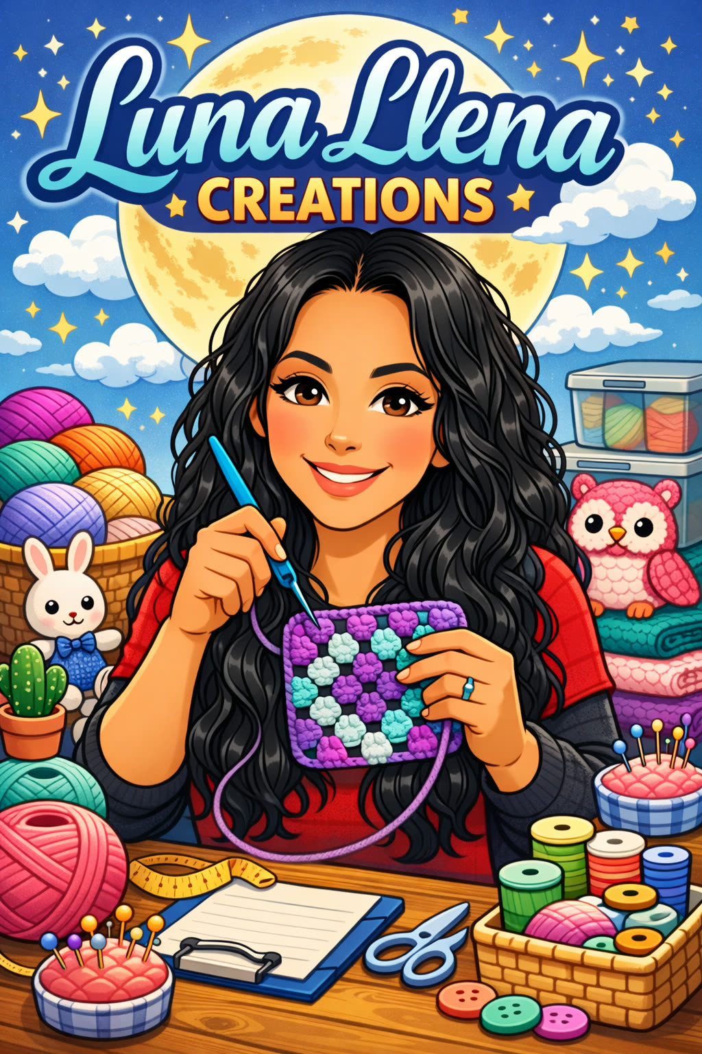 Luna Llena Creations · Selene crocheting under a full moon